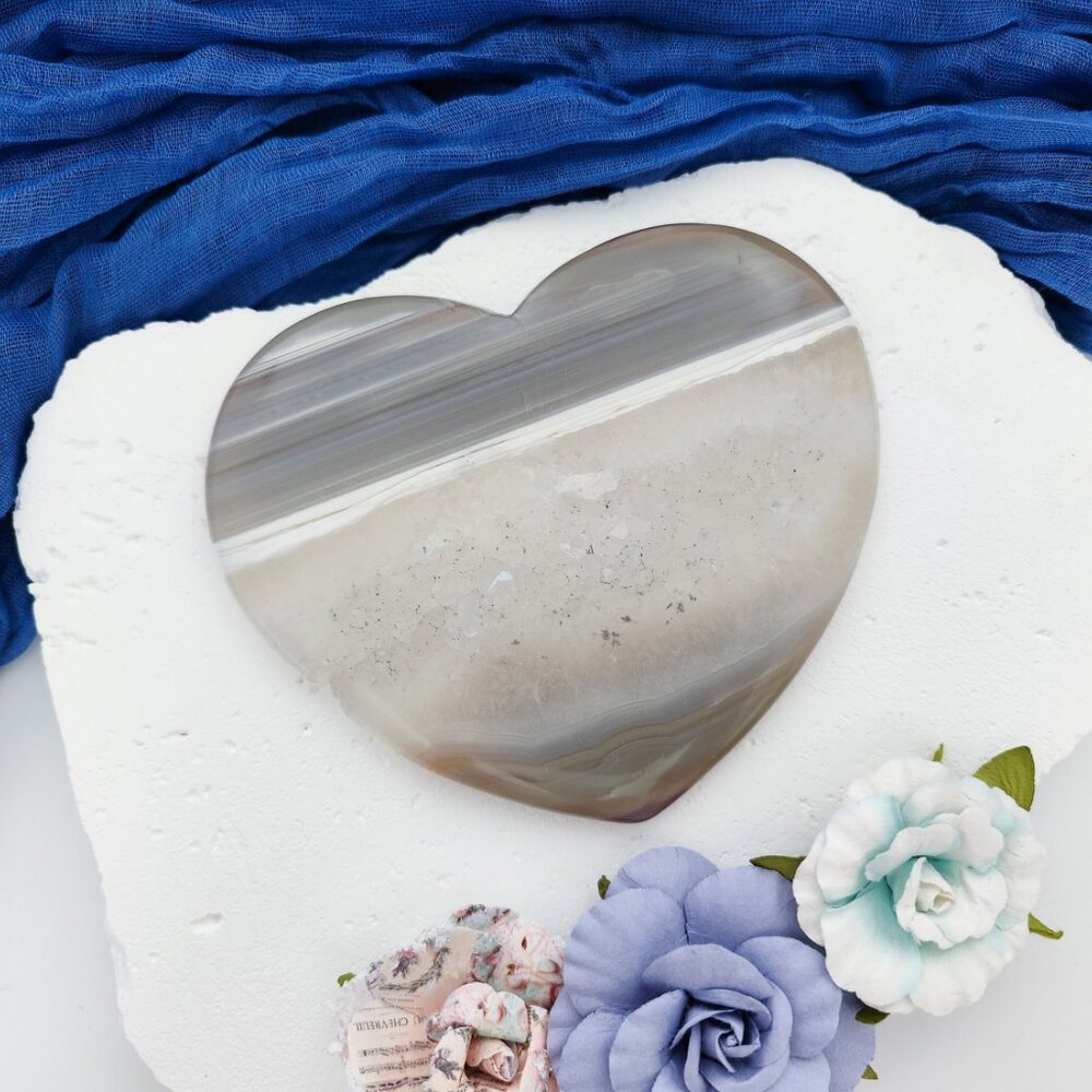 Large Druzy Agate Flat Heart Crystal Carving
